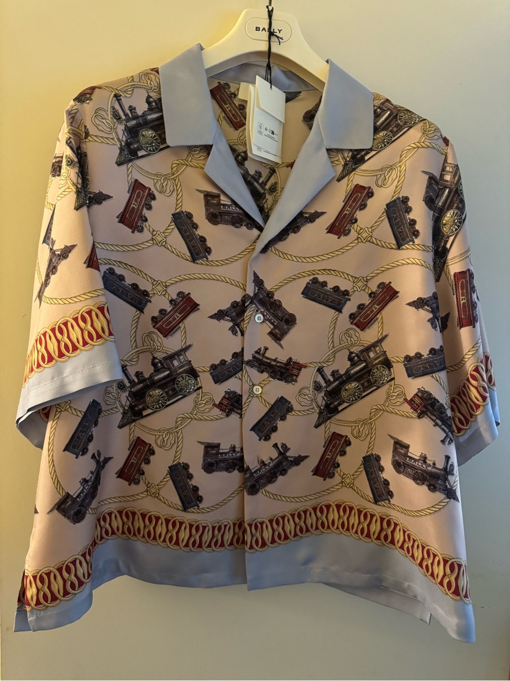 Bally Pale Pink Train-Print Short Sleeve Button-Down Shirt